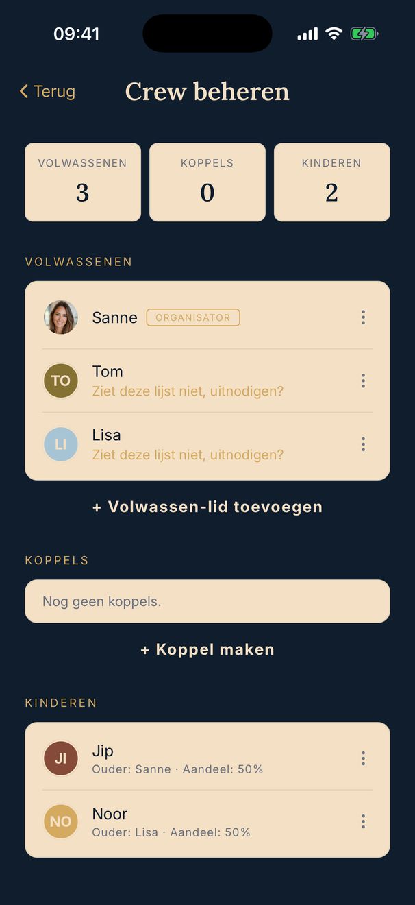 PAKT groepsreis app — overzicht van iedereen die meegaat, met rol en kosten-aandeel