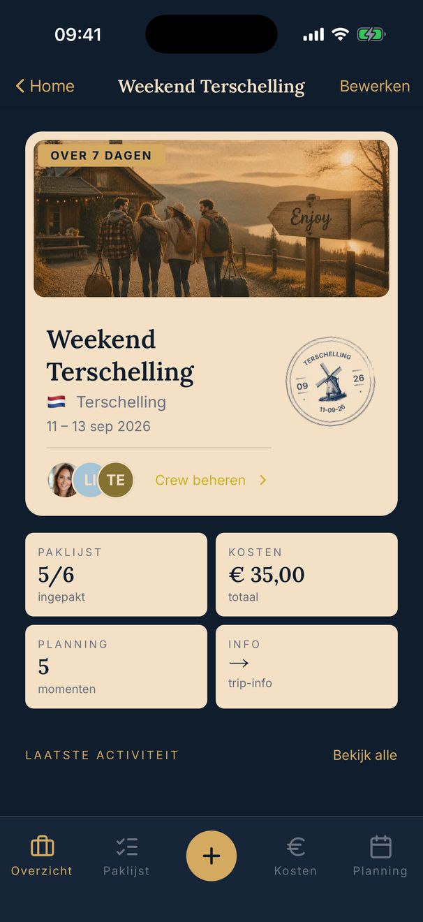 PAKT vakantieplanner app — overzicht van je vakantie met planning, paklijst en kosten