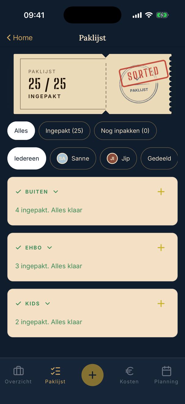 PAKT paklijst app: gedeelde paklijst waarop per item staat wie het meeneemt