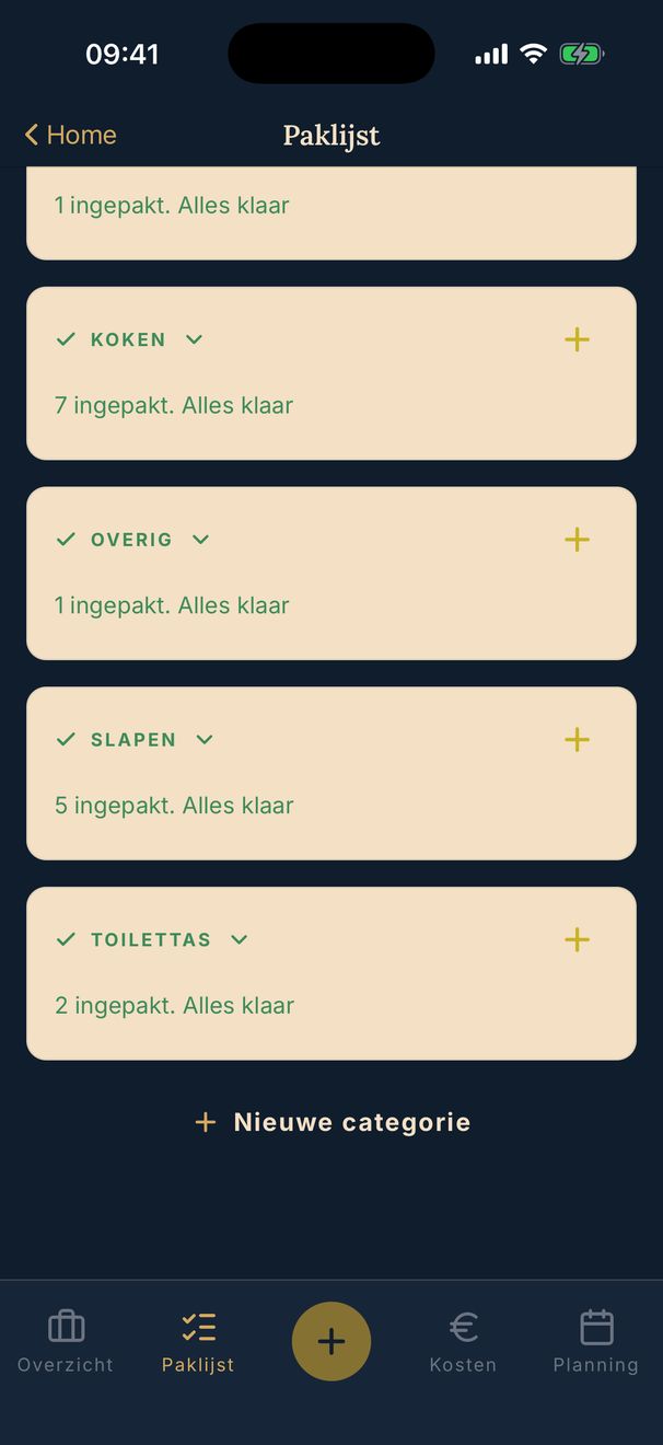 PAKT vakantieplanner — paklijst verdeeld over het gezin, met wie wat meeneemt